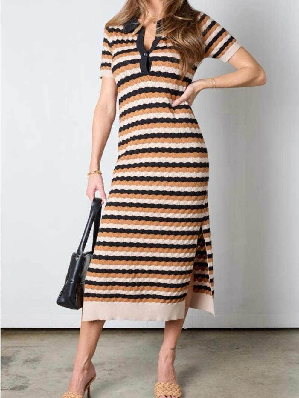 NWT Vestique Kassie Textured Striped Knit Polo Midi Dress Size Small